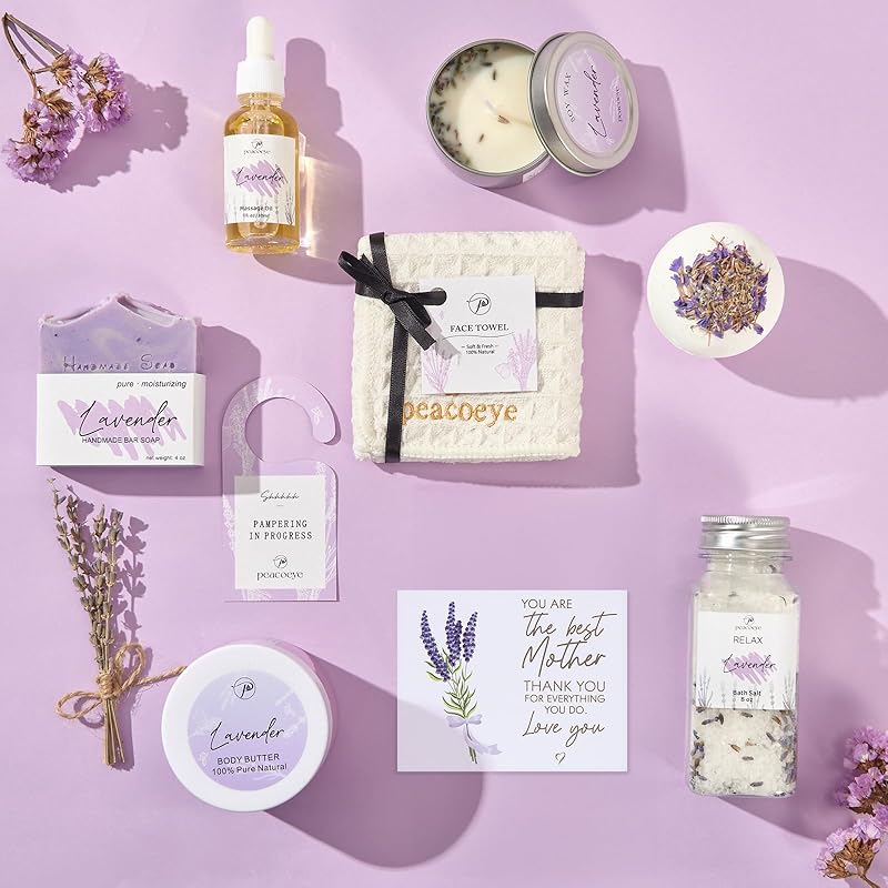 Birthday Gifts for Mom Mothers Day Gifts Women Spa Lavender Bath Gift Baskets Relaxing Self Care for Best Mother Wife Home Bath Kit Care Package Gift Ideas Thank You mom from Daughter Son