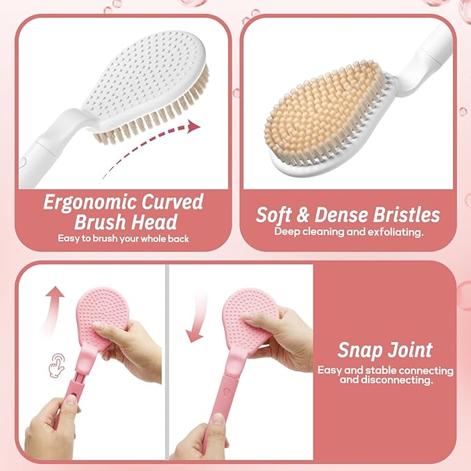 Back Scrubber for Shower, 19’’ Detachable Long Handle Shower Body Scrubber for Wet or Dry Brush, Adjustable 2-in-1 Back & Body Brush with Soft and Dense Bristles for Deep Cleaning(White)