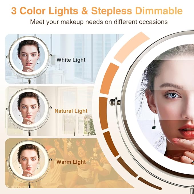 8.5 Inch Rechargeable Wall Mounted Makeup Mirror Brushed Nickel, Double Side Dual-Touch 1X/10X Magnifying Mirror with Light, 3 Color Lights 360°Swivel Extendable Bathroom Mirror