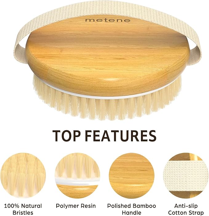 Metene 2 Pack Bamboo Dry Body Brushes, Shower Brush Wet and Dry Brushing, Dry Brush for Cellulite and Lymphatic, Body Scrubber with Soft and Stiff Bristles, Suitable for All Kinds of Skin