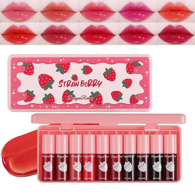 10 Colors Lip Tint Stain Set,Mini Waterproof Korean Liquid Lipstick Lip Gloss Watery Finish Long Lasting Lip Stain Non Sticky Multi-use Lip and Cheek Tint