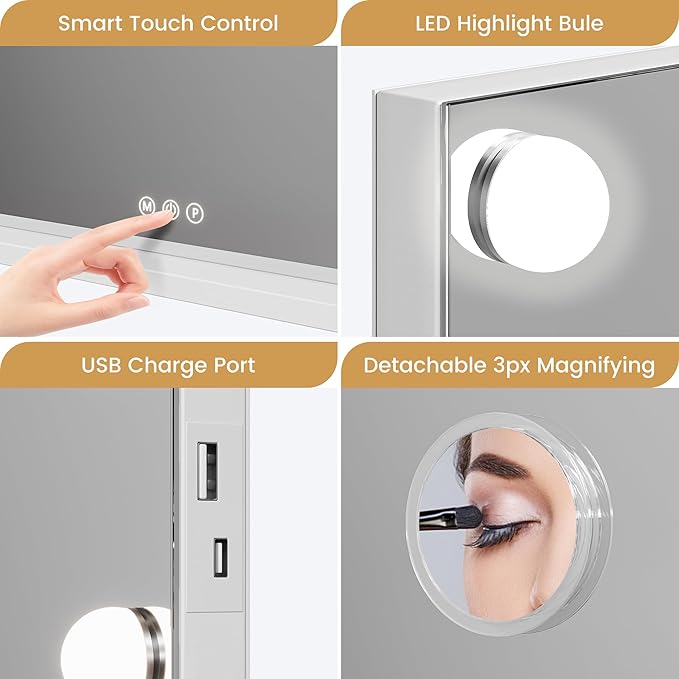 Makeup Mirror with Lights, Multifunctional Desktop Vanity Mirror with 17 Dimmable LED Lights and 3 Lighting Modes, 3x Magnification, Smart Touch Controls, Desktop or Wall Mount, Dressing Room/Bedroom
