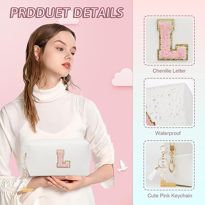 Birthday Gifts for Women Her,Travel Cute Makeup Bag,Large Capacity Cosmetic Bags for Women Makeup Pouch PU Leather Waterproof Cosmetic Bag (L, White)