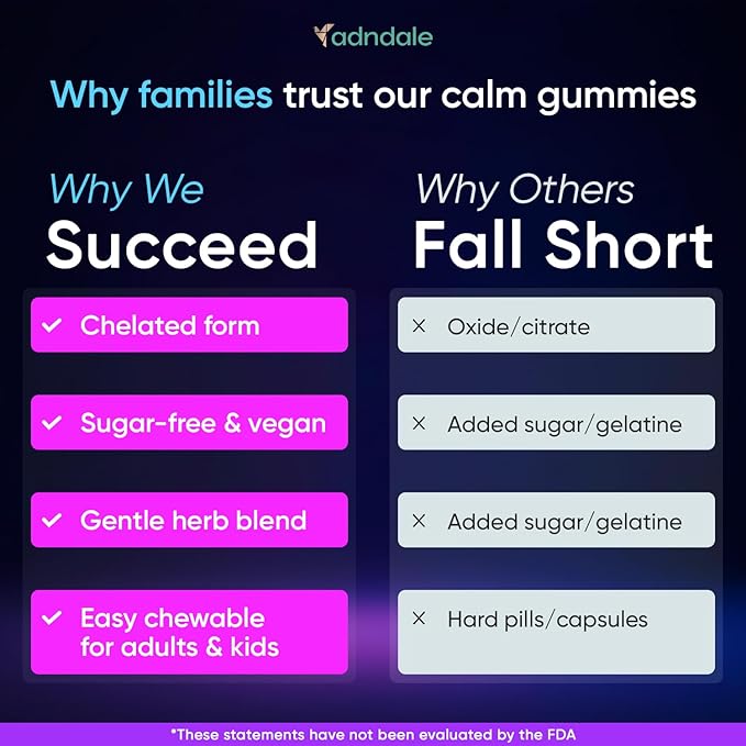 Adndale Magnesium Glycinate Gummies 90CT for Adults and Kids. 150 mg Chelated Mg with L-Theanine, Passionflower, Chamomile & Lemon Balm. Raspberry Flavor. Clear Thinking, Restful Nights, Muscle Ease