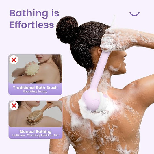 Electric Back Scrubber for Shower Body Brush, Automatic Body Scrubber for Cleansing, Massaging and Exfoliating, Rechargeable Bath Brush with 2 Heads, 3 Speeds & Waterproof, Taro Purple