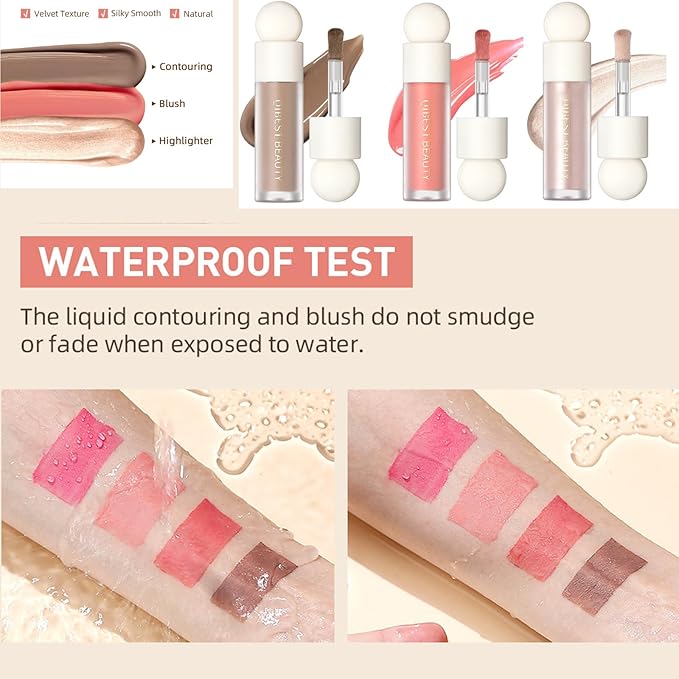 MEICOLY Liquid Highlighter Luminizer,Soft Pinch Liquid Blush Dewy Cheek Tint,Matte Finish Liquid Contour,Highlight Bronzer Shaping Trimming Stick Set,Pearl White Highlighter+Nude Pink Blush+Contour