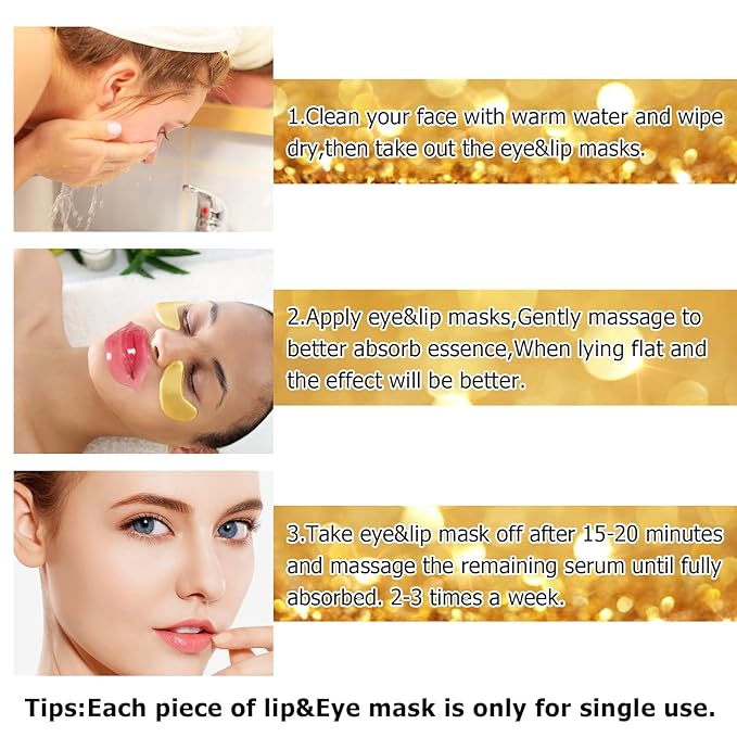 30 Pairs Lip Masks & Eye Masks,Gold Under Eye Patches for Puffy Eyes,Peach Red Lip Masks Skincare,Effectively Moisturizing the Lip & Eye Skin,Anti-Aging,Reducing Fine Lines,Nourishing for Face Care
