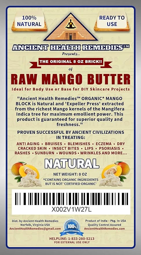 ANCIENT HEALTH REMEDIES Organic Unrefined Raw MANGO BUTTER JAR/BLOCKS Bulk, Light Mango Aroma, Non-Greasy Base for Beauty, Skin Moisturizing, DIY Base for Body Butter & Hand Creams (8OZ)
