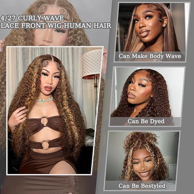26inch Highlight Curly Lace Front Wigs Human Hair Balayage Brown Highlight 13X4 Deep Wave Wigs Human Hair Ombre Curly Wig #4/27 Colored Wigs for Women 180% Density