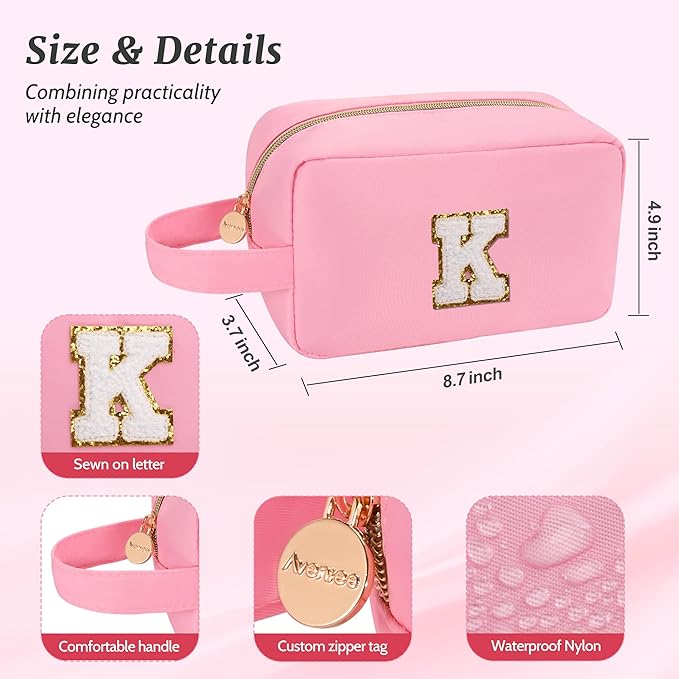Aveniee Personalized Travel Makeup Bag for Women,Monogram Initial Cosmetic Bag Toiletry Pouch,Cute Preppy Organizer,Christmas Birthday Gifts for Women Teen Girls Sister-Pink W