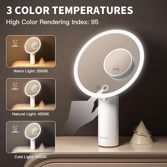 8.9" Lighted Makeup Mirror with 3 Colors, 1X/10X Touch Screen Magnifying Mirror with Light, Rechargeable Table Light up Mirror with Adjustable Stand, Brightness Dimmable Vanity Mirror