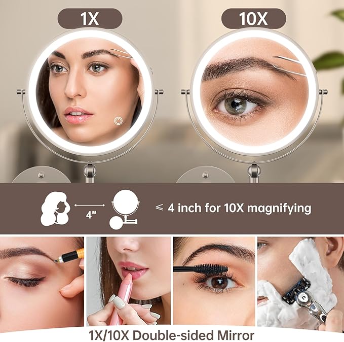 9" Wall Mounted Makeup Mirror with Lights, 4000mAh Rechargeable 1X/10X Wall Mounted Magnifying Mirror for Bathroom, 3 Color Lighting,Touch Screen Dimming,Extended Arm 360 Rotation Wall Mount Mirror N
