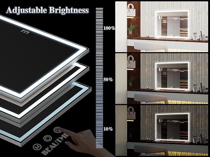 ANYHI Large Vanity Mirror with Lights, 36.2" x 26.8" Makeup Mirror with LED Lights, Tabletop or Wall Mount, 3 Color Modes, Dimmable, Touch Control, White