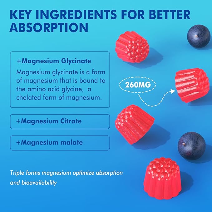 Magnesium Gummies - Triple Magnesium Complex, Magnesium Glycinate Gummies | Magnesium Glycinate, Malate, Citrate w/ D3 B6 B12, for Calm, Sleep & Muscle Cramp | High Absorption | Vegan, 2 Pack