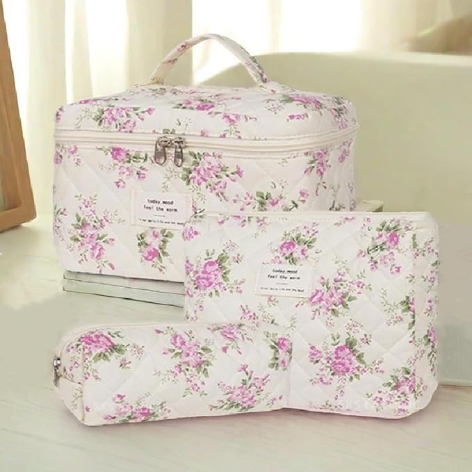 3 Pcs Makeup Bag Set,Cotton Quilted Makeup Bag,Coquette Makeup Bag,Floral Makeup Bag,Large Toiletry Cosmetic Bag Makeup Bag Organizer for Women Girls (P3-3PCS)