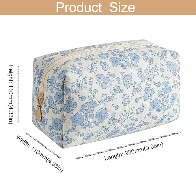 Makeup Bag Travel Cosmetic Bag for Women Girls, Zipper Make Up Pouch, Floral Flowers Toiletry Organizer Makeup, Portable Storage Cosmetic Travel Cloth Bag (Blue Floral)