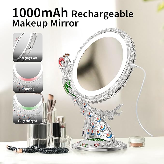 Makeup Mirror with Lights and 1X/7X Magnification, Phoenix Hand Crafted Baroque Style Vanity Mirror - Gifts for Women Birthday Gifts for Women Mom Her, Aethetic Home Decor (Pearl Nickle)