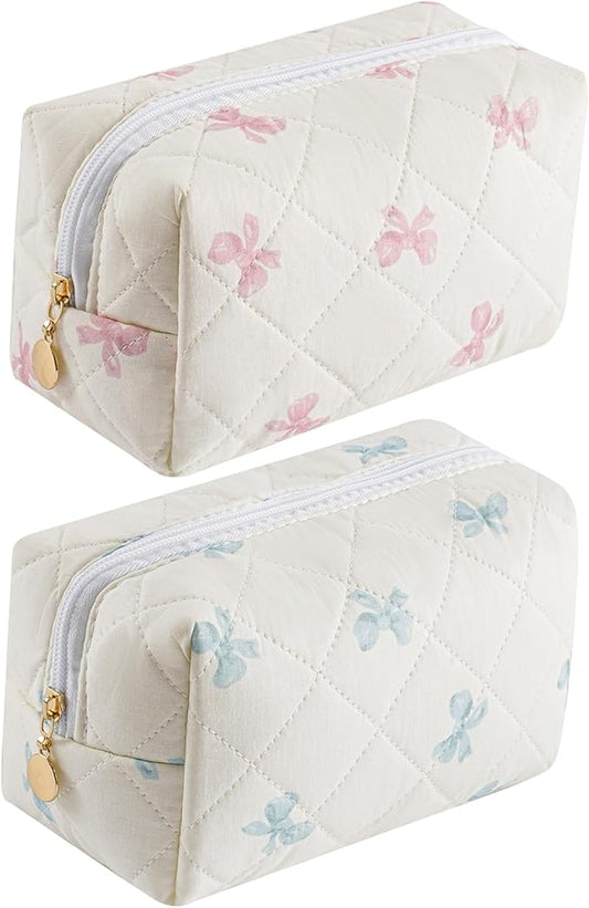 Makeup Bag Travel Cosmetic Bag for Women Girls, Zipper Make Up Pouch, Floral Flowers Toiletry Organizer Makeup, Portable Storage Cosmetic Travel Cloth Bag (Pink Bow Tie+Blue Bow Tie)