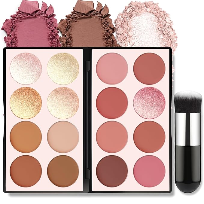 16 Colors Blush Contour Highlighter Makeup Palette, All-in-One Shimmer Silky Matte Mineral Blush Powder Face Sculpting Bronzer Blusher Illuminator for a Natural Glowing