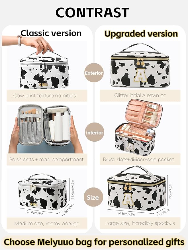 Meiyuuo Large Personalized Makeup Bag for Teen Girls Gifts Cute Cosmetics Bags Chenille Letter Bag Travel Pro Pouch Toiletry Organizer for Women Monogram Cow Print S
