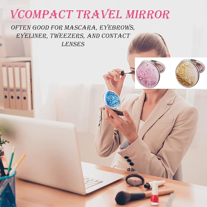 AKOAK 1 Pack Compact Mirror, Portable Quicksand Pocket Travel Makeup Mirror, Folding Hand-held Double Sided 1x/2x Magnifying Glass, Great Gift for Women and Girls(Blue)