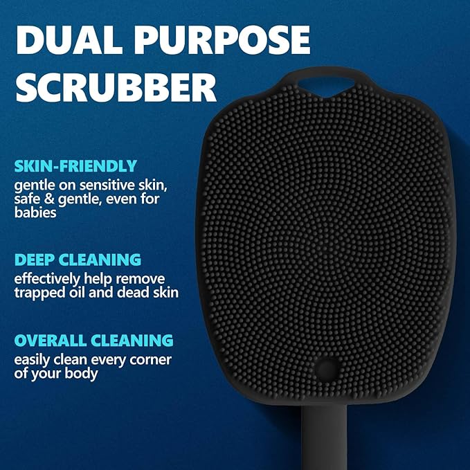 Silicone Back Scrubber for Shower, Detachable Long Handle Body Scrub Brush, Shower Brush for Shower Exfoliating and Message, Dual Purpose Overall Cleaning - Black