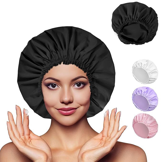 Shower Cap for Women Set of 4, 1 Double-Layer Waterproof Bath Cap + 3 Single-Layer Waterproof Shower Caps – Reusable Hair Protector, TPU Coated Elastic Bathing Cap for Women & Men - Black