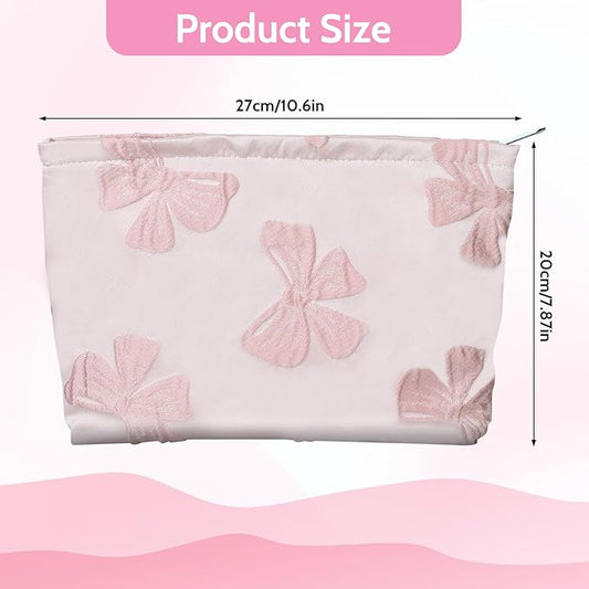 Makeup Bag Large Capacity Elegant Bow Preppy Cosmetic Bag Aesthetic Design Canvas Zipper Organizer Pouch Cute Roomy Pink Portable Toiletry Bag for Women Girls Travel Storage Accessories