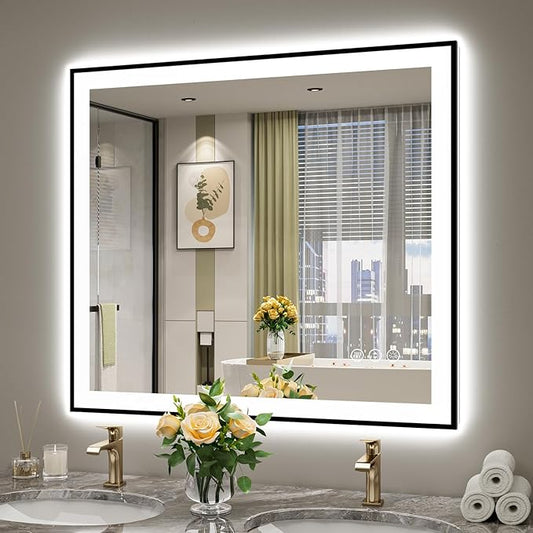 40x36 Inch LED Bathroom Mirror with Lights (Front Lit and Backlit) Black Framed Lighted Vanity Mirror for Bathroom Wall Dimmable Anti-Fog Memory Tempered Glass Horizontal/Vertical