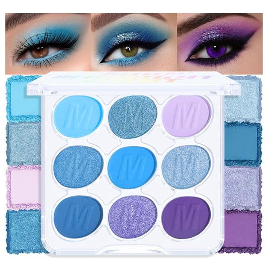 9 Colors Blue Violet Eyeshadow Palette Makeup, Blendable Matte Shimmer, Light Steel Violet Deep Sky Blue Light Steel Cornflower Amethyst Purple Palette Eye Shadow, 03