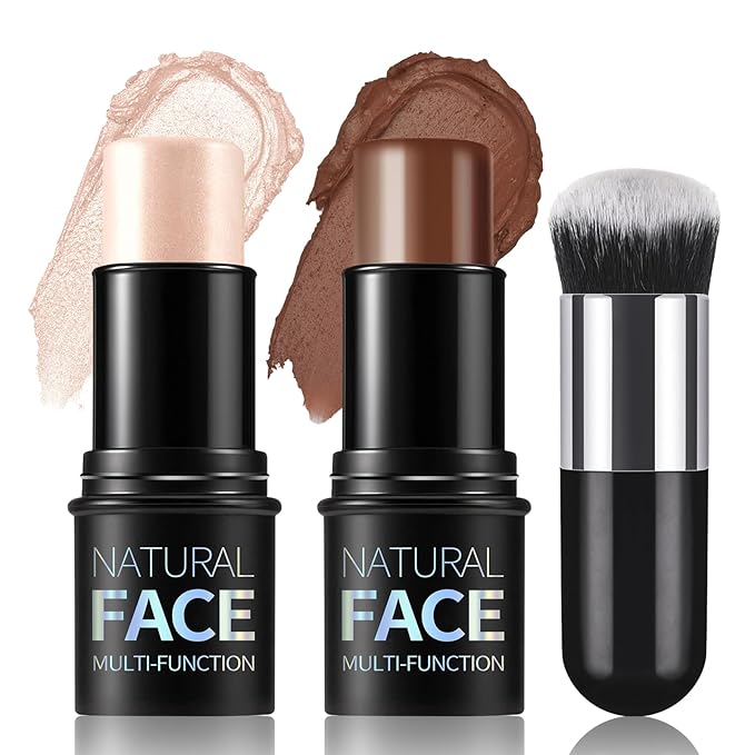 2 Pcs Cream Contour Highlighter Stick for Face Cheeks, Face Brightens Trimming Cream Bronzer Stick, Waterproof Long Wearing Contour Wand Matte & Dewy Finish Face Shaping Makeup (2+6)