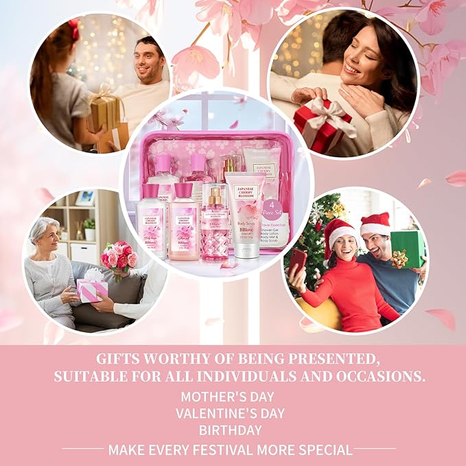 Bath and Body Gift Set for Women & Girls, Japanese Cherry Blossom, 4PCS Set for-Shower Gel, Body Lotion, Body Mist, Exfoliating Scrub, Body Care Set