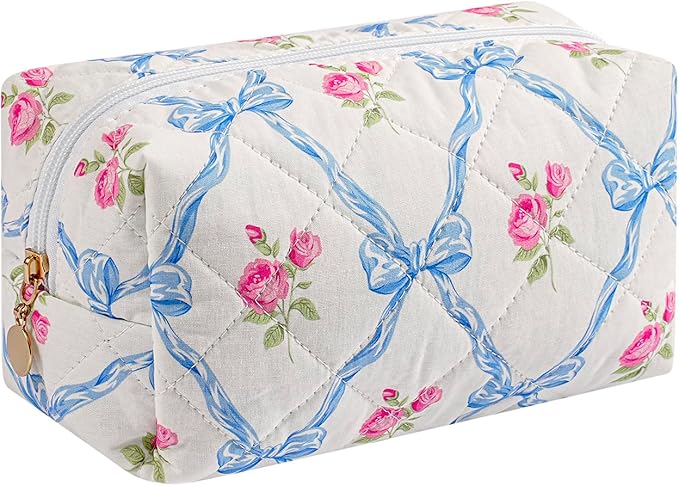 Cute Floral Cotton Makeup Bag, Quilted Makeup Bag for Women Girls, Travel Floral Cosmetic Bag Zipper Make Up Pouch, Flowers Toiletry Organizer Bag (Big Blue Bowknot)