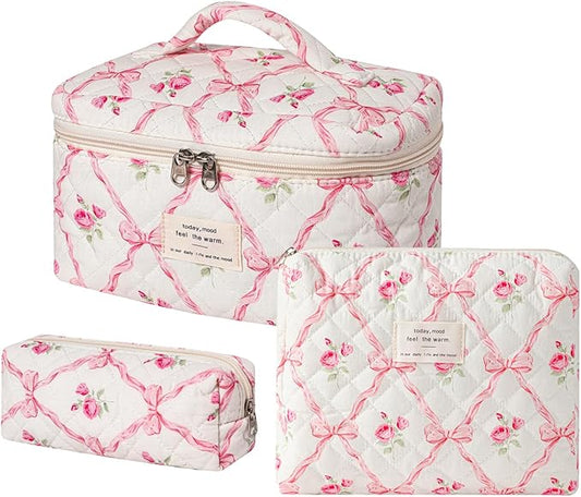 uekeboag Large Travel Quilted Makeup Bag for Women, Floral Cotton Cosmetic Bag, Coquette Aesthetic Floral Toiletry Organizer Bag