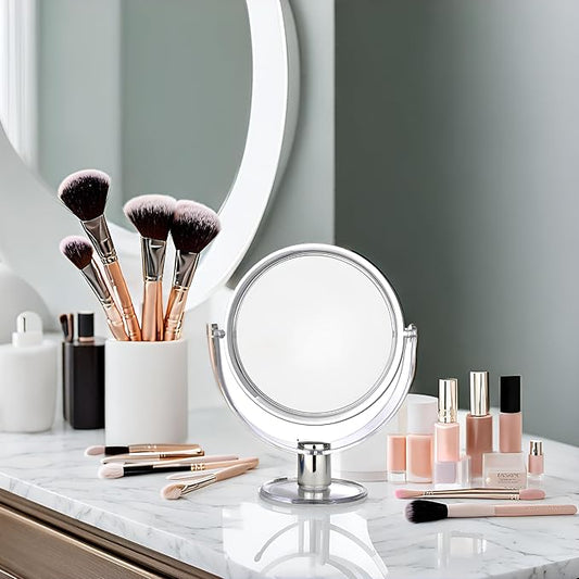 BNYD Vanity Makeup Mirror with Stand – Double Sided 1X/2X Magnification, 360° Swivel Desk Mirror, Portable Tabletop Magnifying Mirror for Bathroom, Bedroom, or Travel