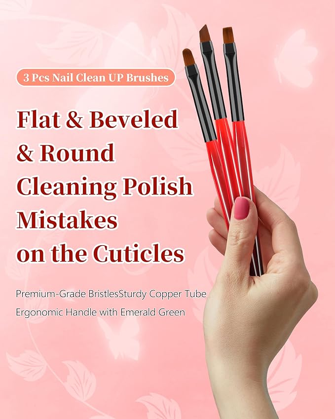 3PCS Nail Art Clean Up Brushes, Round/Angled/flat Acetone Resistant Gel Nail Polish Remover Brush, Nail Brushes for Tidying Up Polish Mishaps on Cuticles, and Nail Art Designs（Black Red）