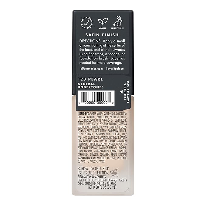 e.l.f. Flawless Satin Foundation, Lightweight & Medium Coverage, Semi-Matte Finish, Vegan & Cruelty-Free, Pearl, 0.68 Fl Oz (20mL)