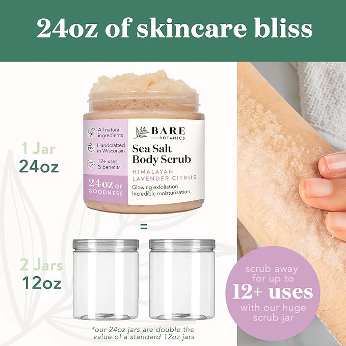 Bare Botanics Lavender Citrus Body Scrub 24oz | Made in Madison, WI | All Natural Himalayan Salt Exfoliator Skin Loving Moisturizers | Vegan & Cruelty Free | Gift Ready Packaging w/a Cute Wooden Spoon