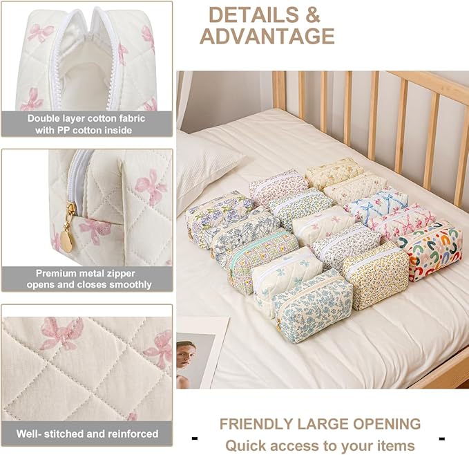 Gleyemor Small Quilted Makeup Bag for Women, Cute Floral Bow Cosmetic Bag, Emergency Bag Travel Toiletry Cotton Pouch Gifts for Girls Her Mom Friend Sister Bridesmaid (Small Pink Bowknot)