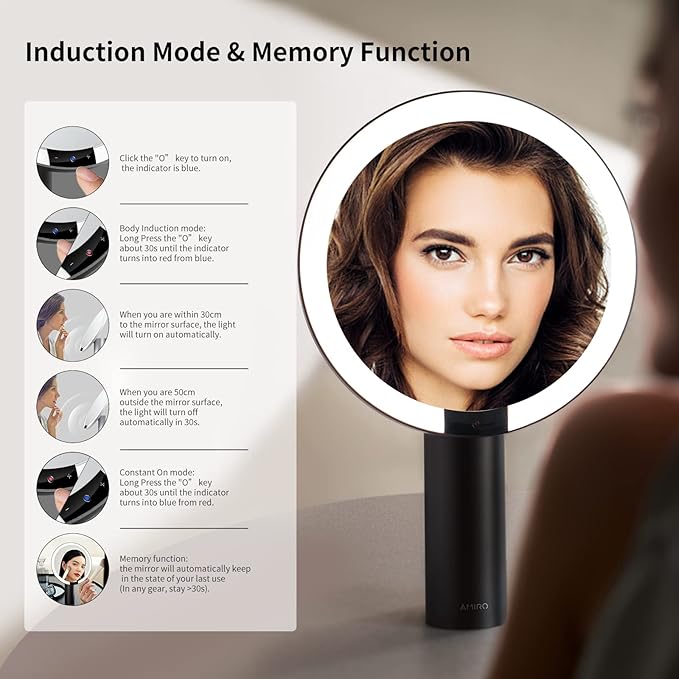 AMIRO 9" Lighted Makeup Mirror with Smart Sensor & Touch-Control, 3 Colors & 6 Brightness, Rechargeable & Cordless, Memory Function, Free Rotation-Black