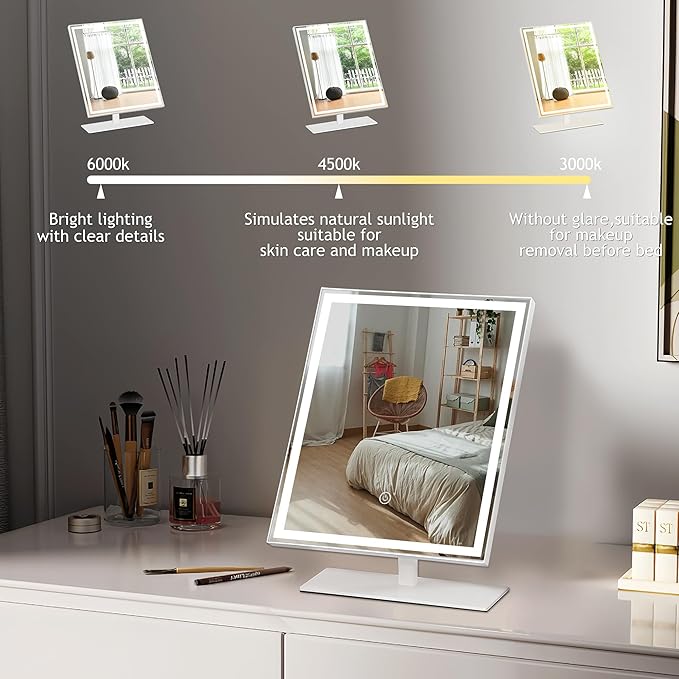 Makeup Mirror with Light 10" x 14",Vanity Mirrors,Lighted Makeup Mirror Tabletop,for Vanity Desk Tabletop, Bedroom，3 Colors Dimmable,120° Rotation.