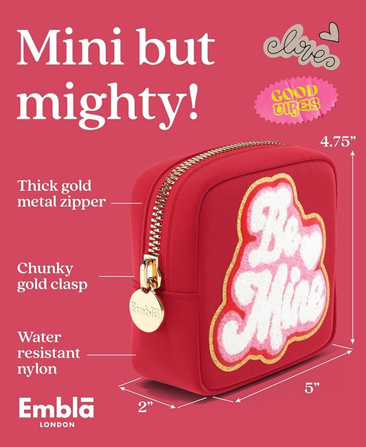 BE MINE Valentine Makeup Bag Travel Cosmetics Pouch and Toiletry Bag, Nylon Zipper Pouch Purse, Cute Make Up Organizer Storage Tote for Women Girls, Travel Skincare Case, Small Makeup Bags, Ruby Red