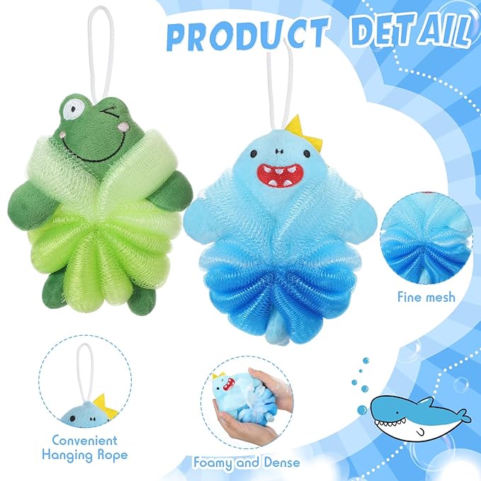 Nuenen 2 Pcs Bath Loofahs Kids Toddler Cute Cartoon Bath Sponges Loofah Pouf Body Scrubber Mesh Sponges for Children Shower Washing Exfoliating(Shark, Frog)