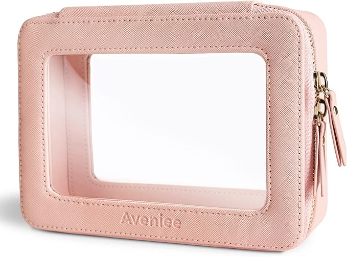 Aveniee Clear Makeup Bag Organizer, Portable Travel Toiletry Cosmetic Bag Case for Women, Heavy Duty Vegan Leather Make Up Pouch with Transparent Vinyl Windows & Gold Zippers(Pink)