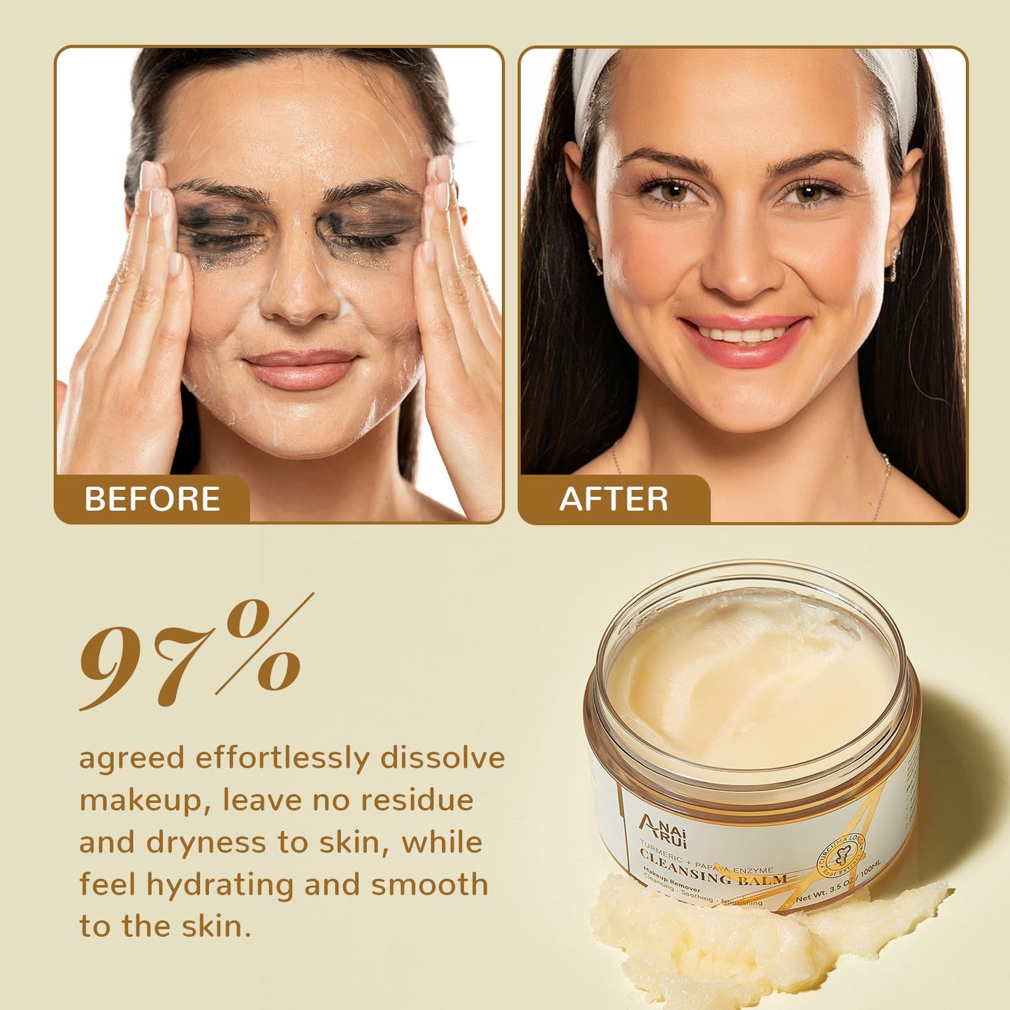 ANAI RUI Turmeric Makeup Remover Balm, Turmeric Cleansing Balm, Face Exfoliator for Melting Makeup, Cleansing Pores & Blackheads, Hydrating, Smooth Skin, 3.5OZ