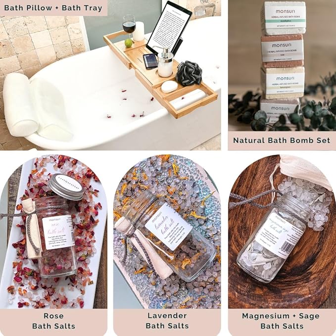 Luxurious Bath Gift Set for Women: Bamboo Bathtub Tray Caddy, Bath Spa Pillow, Bath Bombs & Bath Salts - Ultimate Spa Day Gifts for Women, Relaxation Gift Basket for Moms & Self Care