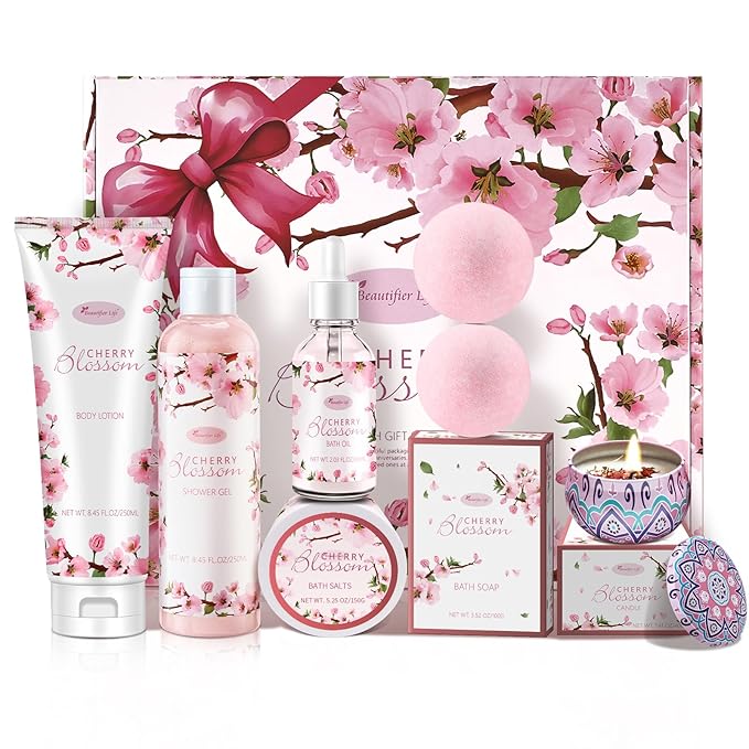 Bath and Body Gift Set for Women - Luxurious Home Spa Gift Set, Japanese Cherry Blossom Scented 7-Piece Set Including Shower Gel, Body Lotion, Bath Oil, Bath Salt, Soap, Bath Bombs, and Candle