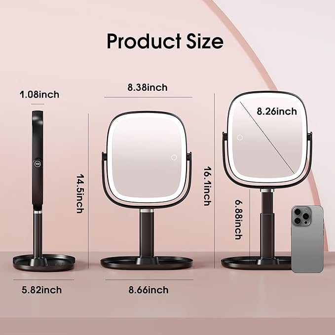 Makeup Vanity Mirror with Lights - 10x/1x Magnifying Mirror with Light, Rechargeable Desk Mirror with 3-Color Lighting & Memory Function, 360° Adjustable Table Mirror, Gift for Women (Black)