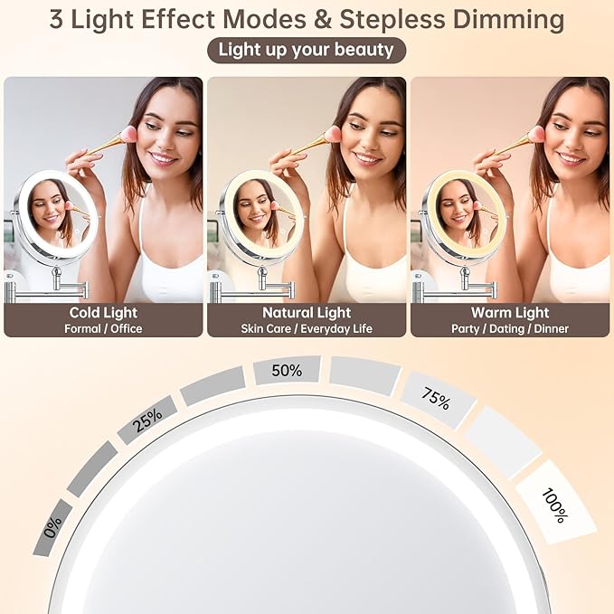 9" Wall Mounted Makeup Mirror with Lights, 4000mAh Rechargeable 1X/10X Wall Mounted Magnifying Mirror for Bathroom, 3 Color Lighting,Touch Screen Dimming,Extended Arm 360 Rotation Wall Mount Mirror C