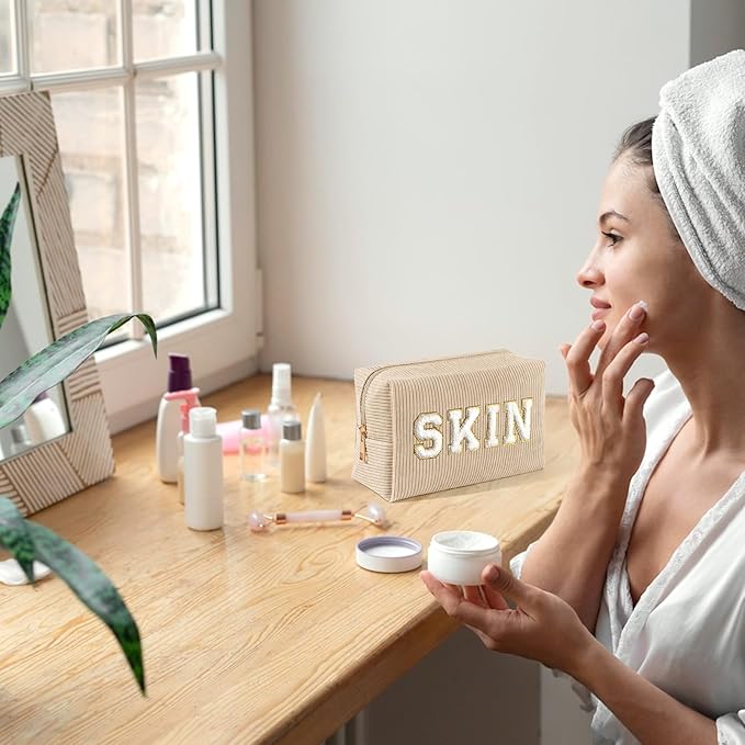 MAGEFY Corduroy Makeup Bag Small Makeup Bag for Purse with Compartments Cute Makeup Pouch Cosmetic Bag for Women Friends Preppy Gifts (Beige, SKIN)